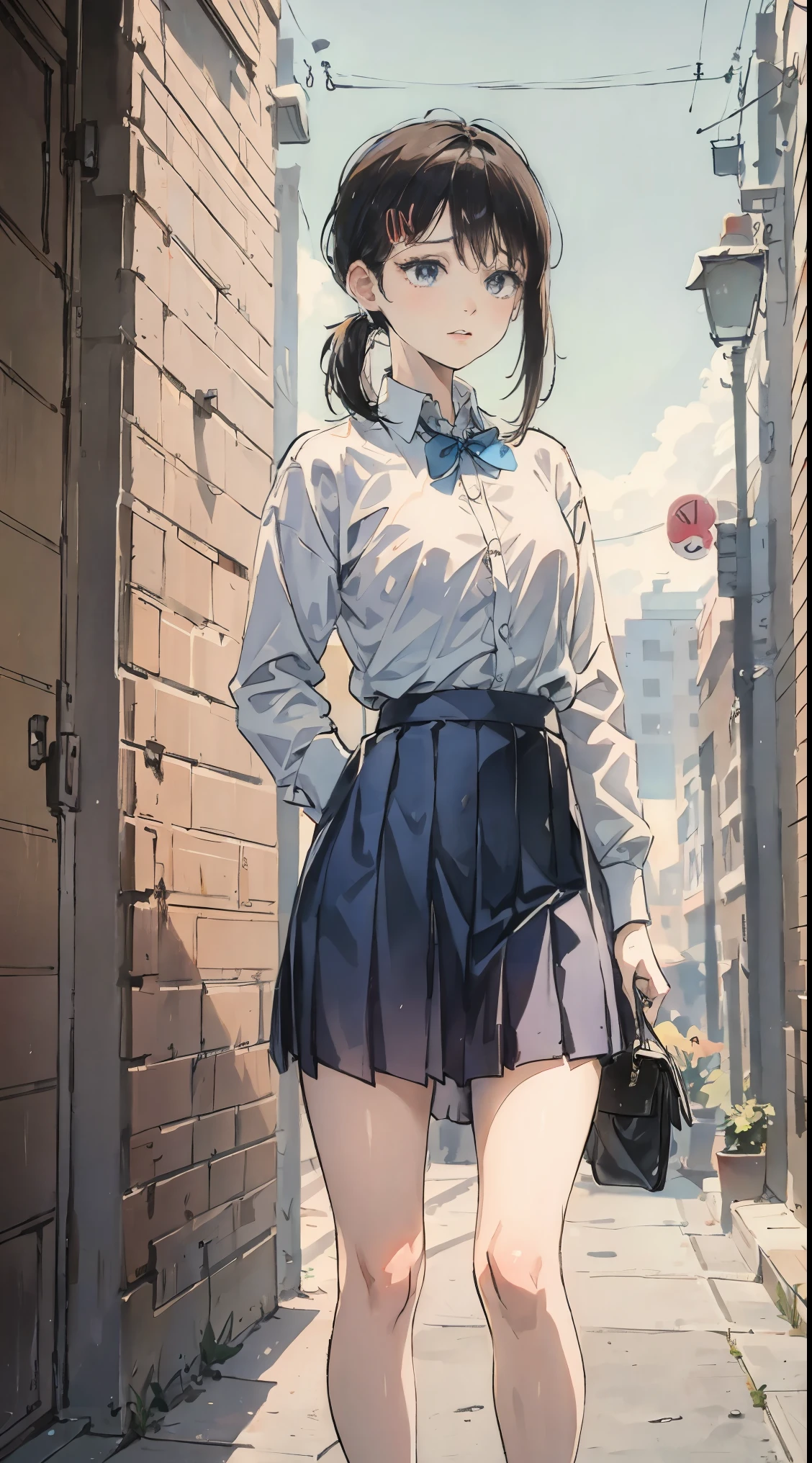 Long blue hair, shirt, short skirt, school, standing