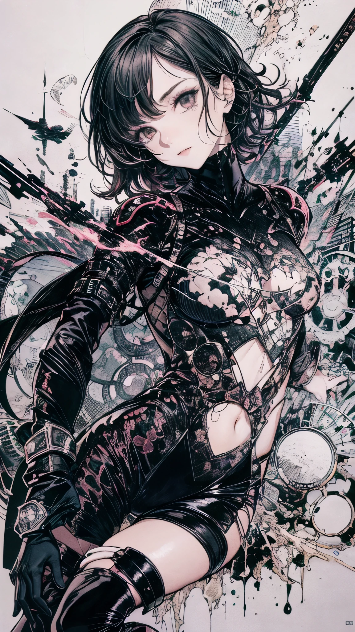 Chiaroscuro image in the texture of 80s Japanese comics printed on paper, with extremely fine glitch noise. Fish-eye angle, ink-like black blotted out highlights white. A full body female lawbreaker, wearing Satin-like black long gloves, tight-fitting gothic costume, thigh-high spike heel boots, unpleasant smile, short bob. Extremely fine detail, detailed ink-like black line, the overall tone is dark and cyber-industrial punk, fusion of 2D/3D in texture and medium.