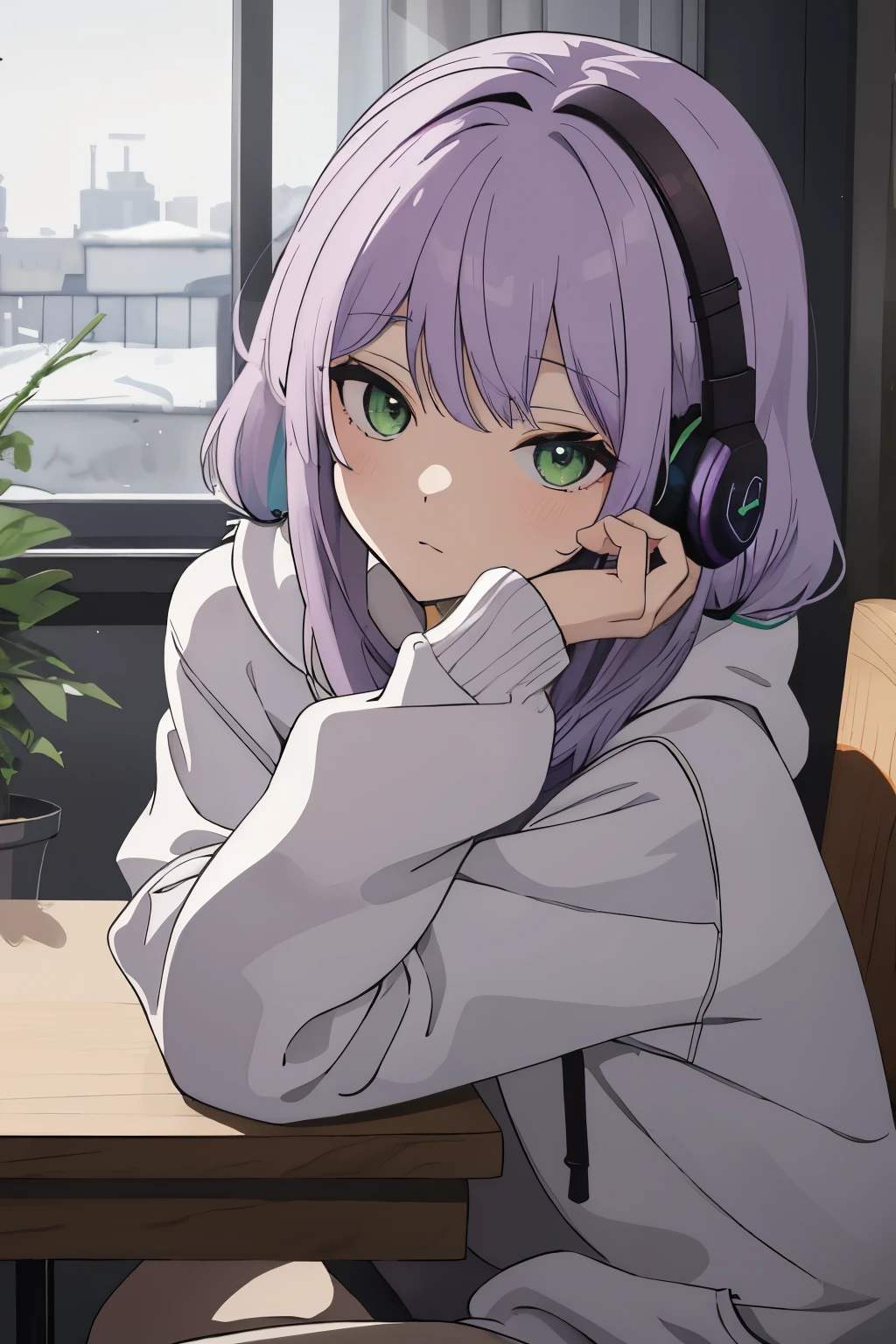 Scene View,null,anime style,night,headrest, intense angle, Curtsey,(Light purple hair)、medium hair、large round green eyes、winter scenery,highest quality、Multicolored hair、((indoor))、headphone、white hoodie,low twintails