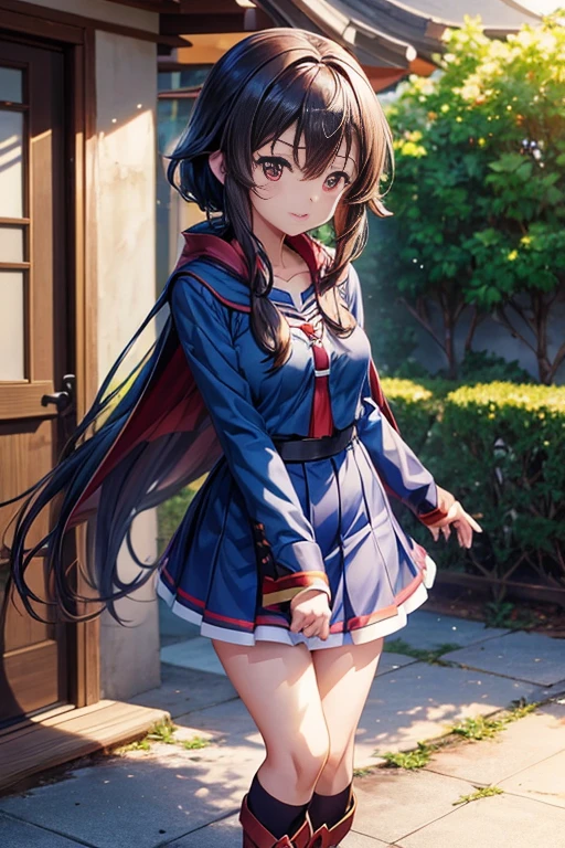 (blue clothes, anime girl, red cape, black top, Shattyah, 2012 animation screenshot, Megumin from Kono Subarashii Sekai ni Shukufuku wo!, fragrance, screenshot from an animated film, still from a TV anime, Kono Subarashii Sekai ni Shukufuku wo!, today's featured anime still)