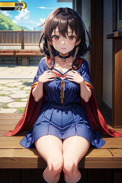 (blue clothes, anime girl, red cape, black top, Shattyah, 2012 animation screenshot, Megumin from Kono Subarashii Sekai ni Shukufuku wo!, fragrance, screenshot from an animated film, still from a TV anime, Kono Subarashii Sekai ni Shukufuku wo!, today's featured anime still)