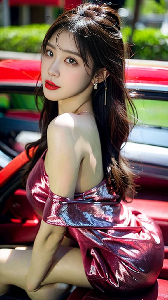 22 year old fashion model (cleavage closeup),perfect eyes, perfect iris, perfect lips, perfect teeth, perfect skin, with white skin, soft headlights, hdr, movie girl, long black hair, wearing a pink dress, evening day, deep in the night, The background is a river, Lotus shaped lights float on the water, 4K Ultra HD, ultra high resolution, (Photorealistic: 1.4), Best quality, Masterpiece, Ultra Dilution,(NSFW:1.1),(Full Body:1.5),(cute face:1.3),(huge breasts:1.3),(high-heels:1.3),(big hips1.3),(medium thighs:1.3),(breasts slightly exposed:1.3),(cleavage of the breast:1.3),(lipgloss:1.3),(Playful eyes:1.3),(Scarlet lips:1.3),(Fine skin texture:1.3),(Precise and perfect human anatomy:1.3),(Exquisite and perfect facial features:1.3), (Long eyelashes:1.3),(Scarlet lips:1.3),(The lips are shiny and textured:1.3),(Fine skin texture:1.3),(Beautiful detailed eyes:1.3),(Natural Color Lip:1.3),(look straight into the camera:1.3),(long earrings:1.4),(long earrings:1.4),(very long earrings:1.4),