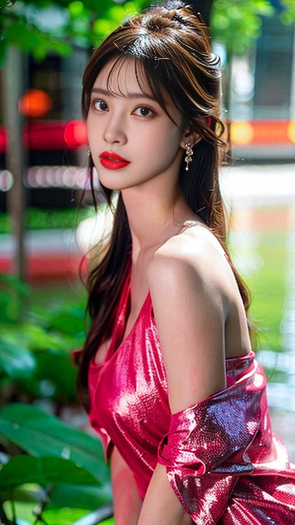 22 year old fashion model (cleavage closeup),perfect eyes, perfect iris, perfect lips, perfect teeth, perfect skin, with white skin, soft headlights, hdr, movie girl, long black hair, wearing a pink dress, evening day, deep in the night, The background is a river, Lotus shaped lights float on the water, 4K Ultra HD, ultra high resolution, (Photorealistic: 1.4), Best quality, Masterpiece, Ultra Dilution,(NSFW:1.1),(Full Body:1.5),(cute face:1.3),(huge breasts:1.3),(high-heels:1.3),(big hips1.3),(medium thighs:1.3),(breasts slightly exposed:1.3),(cleavage of the breast:1.3),(lipgloss:1.3),(Playful eyes:1.3),(Scarlet lips:1.3),(Fine skin texture:1.3),(Precise and perfect human anatomy:1.3),(Exquisite and perfect facial features:1.3), (Long eyelashes:1.3),(Scarlet lips:1.3),(The lips are shiny and textured:1.3),(Fine skin texture:1.3),(Beautiful detailed eyes:1.3),(Natural Color Lip:1.3),(look straight into the camera:1.3),(long earrings:1.4),(long earrings:1.4),(very long earrings:1.4),