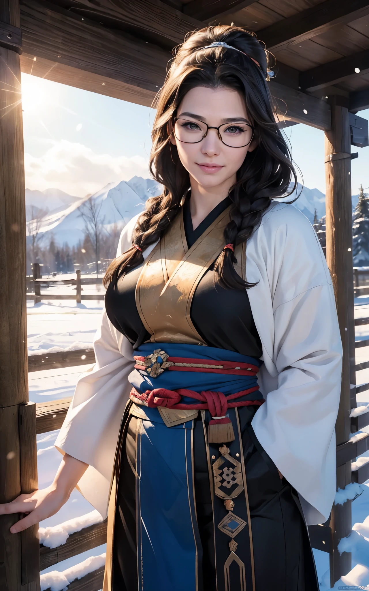 Young ainu woman with the face of (Gal Gadot:Evangeline Lilly), (looking at viewer, light smile, ), brown hair, brown eyes, long hair, hair_flying, Fluttering hair, flying_hair, ((Transparent glasses, glasses, glasses_on_nose)), ((traditional ainu clothes)), sexy, charming, stunning, enhance, delicate, (pale skin, real_skin), sunlight, Winter, snow, Hokkaido, outdoor, best quality, high quality, highres, 8k, photo realistic.