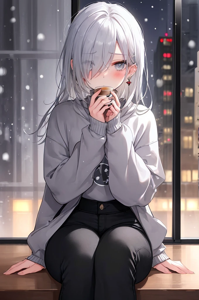 ((masterpiece:1.4, best quality:1.2)), 1girl, solo focus, beautiful skin, blush, grey sweatshirt, long white hair, grey eyes, sitting, earrings, Hands piercing, coffee shop window, night, snowing, cityscape, tall female, beautiful and delicate female, comfy ambience, {detailed background}, hair over one eye, shy, sexy female genitalia