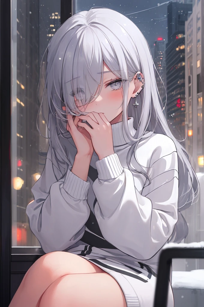 ((masterpiece:1.4, best quality:1.2)), 1girl, solo focus, beautiful skin, blush, grey sweatshirt, long white hair, grey eyes, sitting, earrings, Hands piercing, coffee shop window, night, snowing, cityscape, tall female, beautiful and delicate female, comfy ambience, {detailed background}, hair over one eye, shy, sexy female genitalia