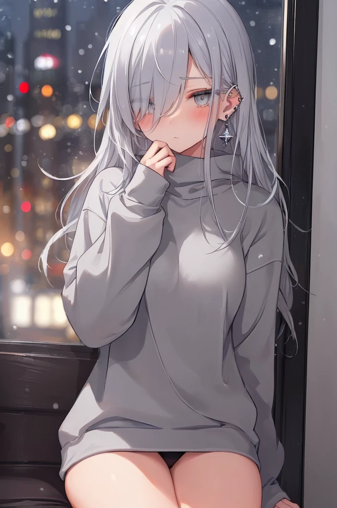 ((masterpiece:1.4, best quality:1.2)), 1girl, solo focus, beautiful skin, blush, grey sweatshirt, long white hair, grey eyes, sitting, earrings, Hands piercing, coffee shop window, night, snowing, cityscape, tall female, beautiful and delicate female, comfy ambience, {detailed background}, hair over one eye, shy, sexy female genitalia