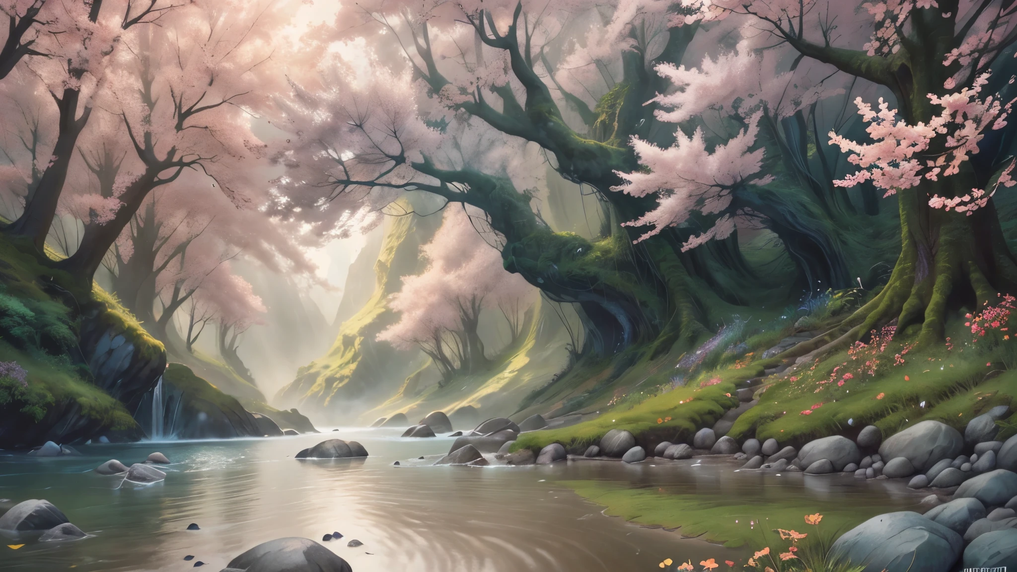 beautiful colorful Oceania state winter's flowers, leaves, nature, beautiful rain drops, beautiful fog, over the beautiful wonderful rainbow, fantasy, romantic dreamy mood, special sightseeing, elegant, cute, dramatic viewing, amazing world, photorealistic drawings