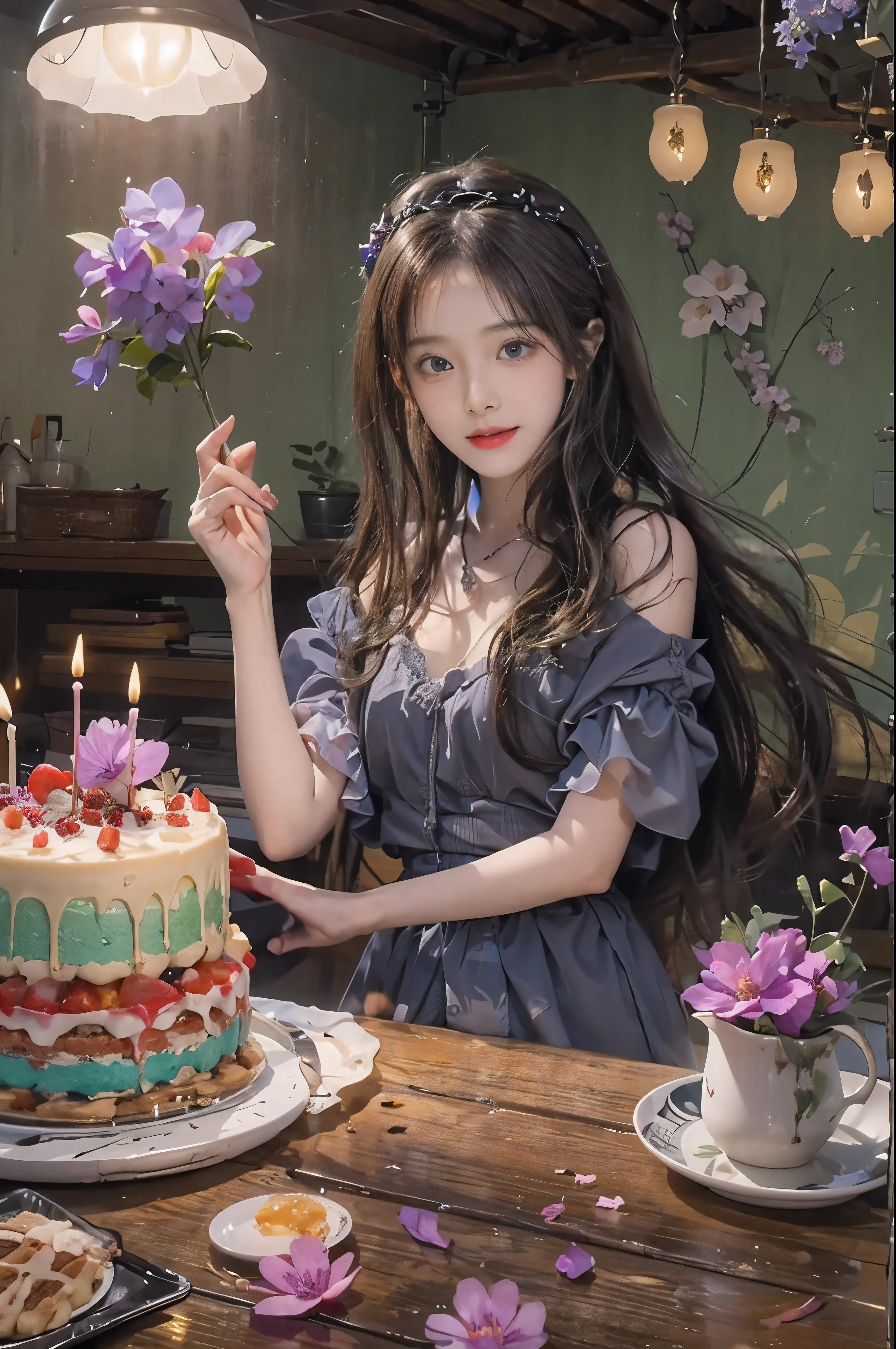 stands In a flowerIng fIeld、Creates an Image of a happy 28 year old brunette woman wIth messy haIr。. She smIled、Present a birthday cake to your lover on the table。, In brIght purple. I'I'work for you!
