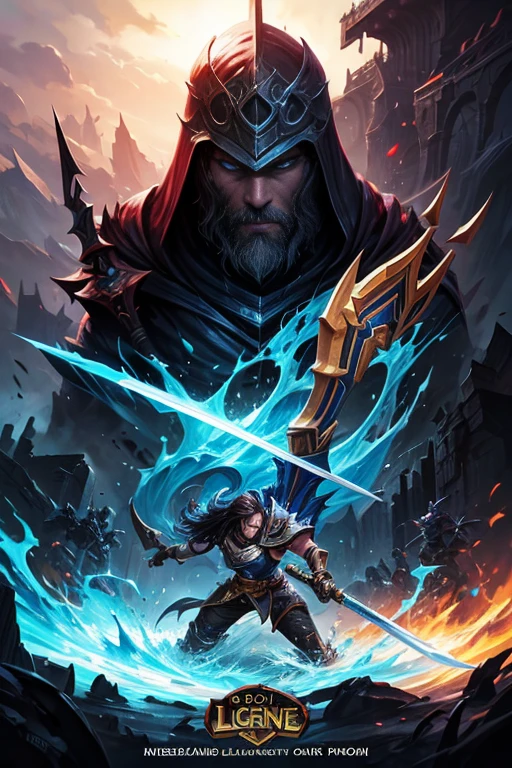 Image of a man holding a sword and helmet, League of Legends Art, League of Legends character art, League of Legends Flash Painting, Official splash art, splash art, League of Legends Concept Art, League of legends characters, League of Legends Flash Painting, Iconic character splash art, League of Legends illustration, Riot Games Concept Art