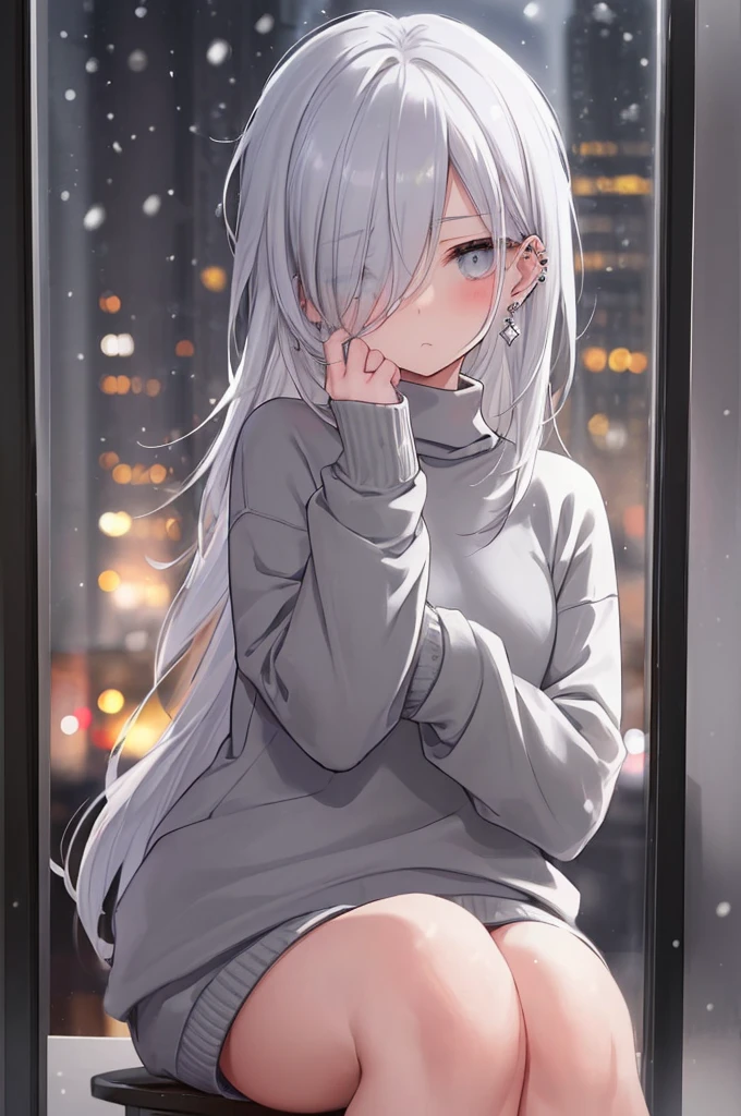 ((masterpiece:1.4, best quality:1.2)), 1girl, solo focus, beautiful skin, blush, grey sweatshirt, long white hair, grey eyes, sitting, earrings, Hands piercing, coffee shop window, night, snowing, cityscape, tall female, beautiful and delicate female, comfy ambience, {detailed background}, hair over one eye, shy, sexy female genitalia