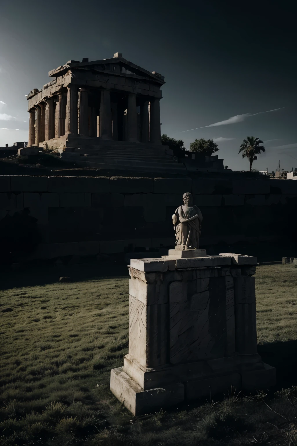 A dark and shadow filled landscape image of an ancient Greek society deeply connected to stoicism, black and white, ancient Greek architecture, include one single statue of a stereotypical strong Greek man in the distance. The focal point is the dark and night like castle in the center and the statue is on the side. marcus aurelius --ar 16:9 {{Zoomed out}} {{High quality}} {{Realism}} {{Landscape}}