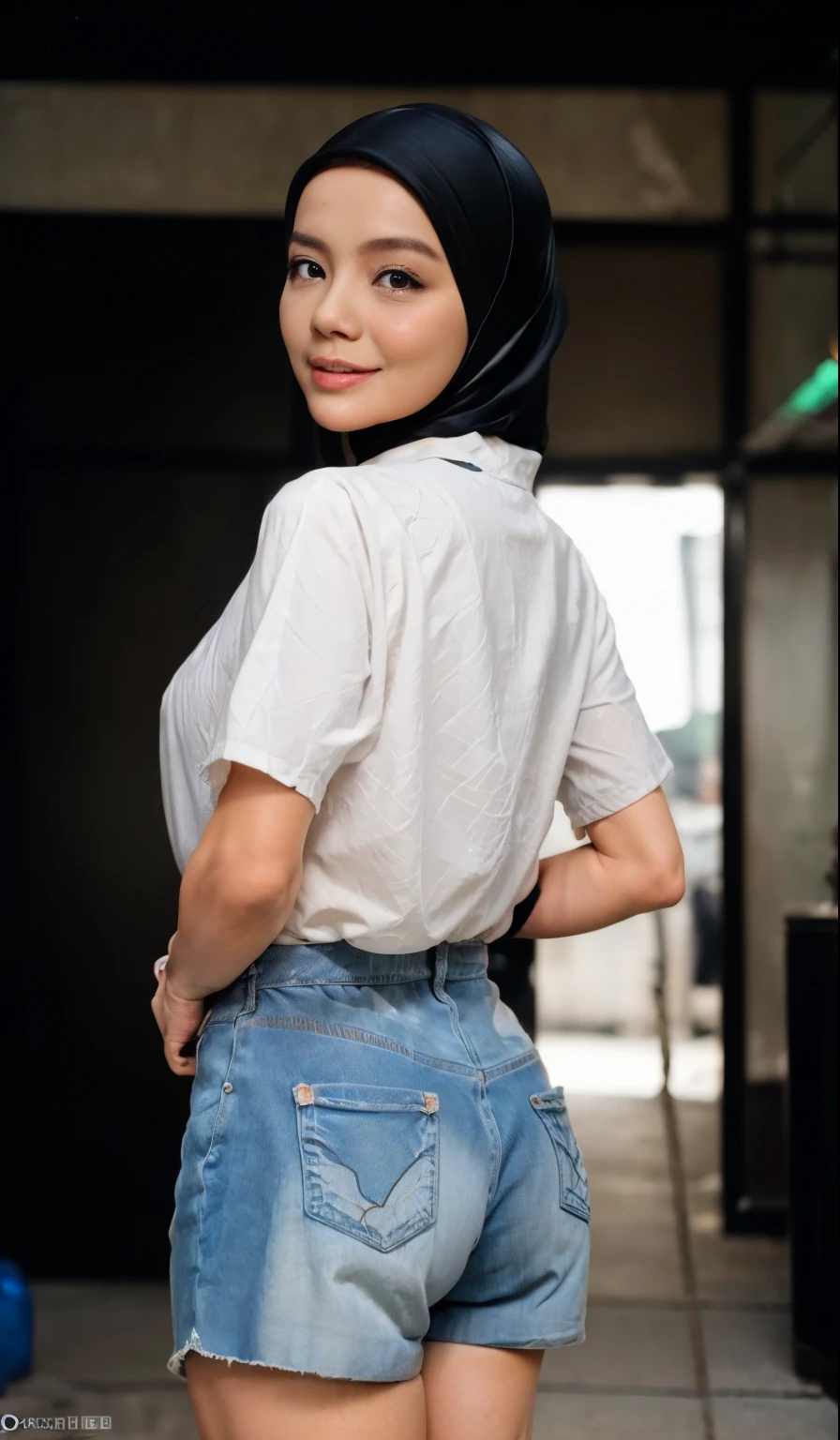 8K, Masterpiece, RAW photo, Best quality, Photorealistic, Extremely detailed CG unifies 8K, 8K, Diamond, and wallpaper, Depth of field, Cinematic light, Lens flare, Ray tracing, (Extremely beautiful face, Beautiful lips, Beautiful eyes), intricate detail face, ((ultra detailed skin)) 1girll, Pretty Korean girl, Kpop idol,1girll, ultra - detailed, hyper realisitc, highly detailed CGillustration, offcial art, cinematric light, Realistis, Young and beautiful girl, perfect body figure, perfect body figure, full pov, Perfect body, (Starting below:1.3), lewd poses,(huge tit:1.0), long sexy legs, (thigh gap:1.5),Wide buttock,self-assured, Beautiful Sexy, white short sleeve, Open abdomen, Large, Lightweight denim shorts, S-shaped body, Upturned buttocks,posing on a,Pose,Different Perspectives,looking at viewert, (Pale skin), (Big eyes),(ssmile:0.8),Turn Back, Back shot,