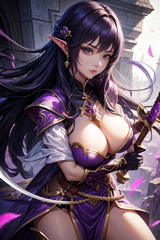 Close-up of a woman holding a sword and purple cloak, concept art | artistic sprout, Kushatt Krenz Key Art Women&#39;s Clothing, dark elf princess, Epic and beautiful character art, author：Yang Jie, 2. 5d cgi anime fantasy artwork, zodiac knight girl, League of Legends character art, Extremely detailed Artgerm, author：Chen Zhou