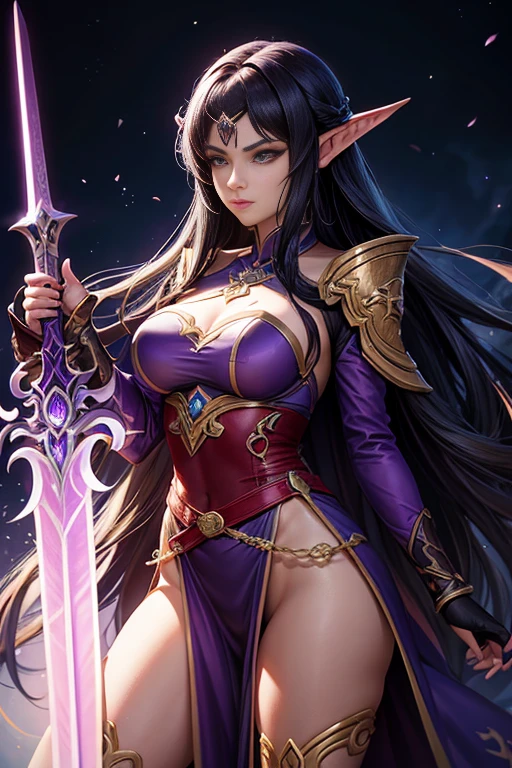 Close-up of a woman holding a sword and purple cloak, concept art | artistic sprout, Kushatt Krenz Key Art Women&#39;s Clothing, dark elf princess, Epic and beautiful character art, author：Yang Jie, 2. 5d cgi anime fantasy artwork, zodiac knight girl, League of Legends character art, Extremely detailed Artgerm, author：Chen Zhou