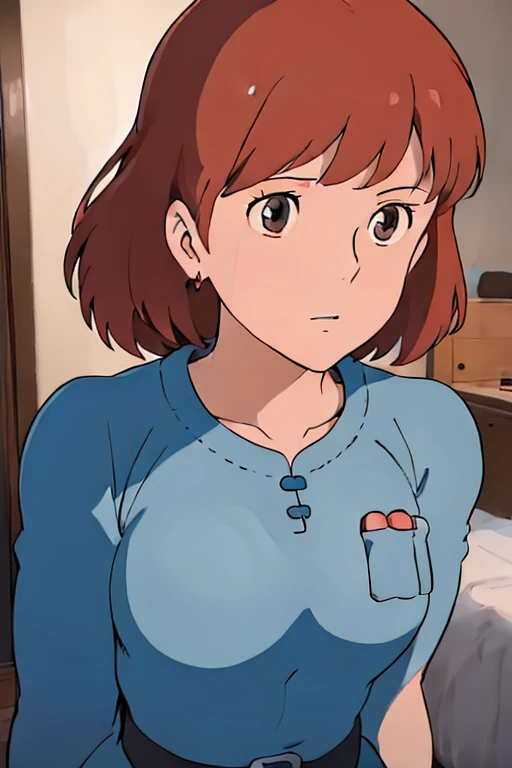 (masterpiece, best quality, high resolution, anime screencap, anime colored, 8k, photorealistic), Nausicaa, 1girl, solo, brown hair, (looking at away, cleavage), upper body, large breasts, (white tanktop), arms behind back, bed, (perfect detailed anatomy, beautiful face&eyes, beautiful skin, perfect body)