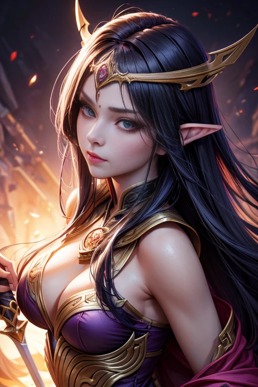 A woman with a sword and a purple cloak close-up, concept art | artistic conception, Kushatt Krenz Key Art cosplay, Dark Elf Princess, epic and exquisite character art, artist: Yang Jie, 2.5D CGI fantasy artwork, Twelve Zodiac Knights Girl, League of Legends character art, extremely detailed Artgerm, artist: Zhou Chen, (best quality, 4k, 8k, highres, masterpiece:1.2), ultra-detailed, (realistic, photorealistic, photo-realistic:1.37), portraits, vivid colors, professional lighting.