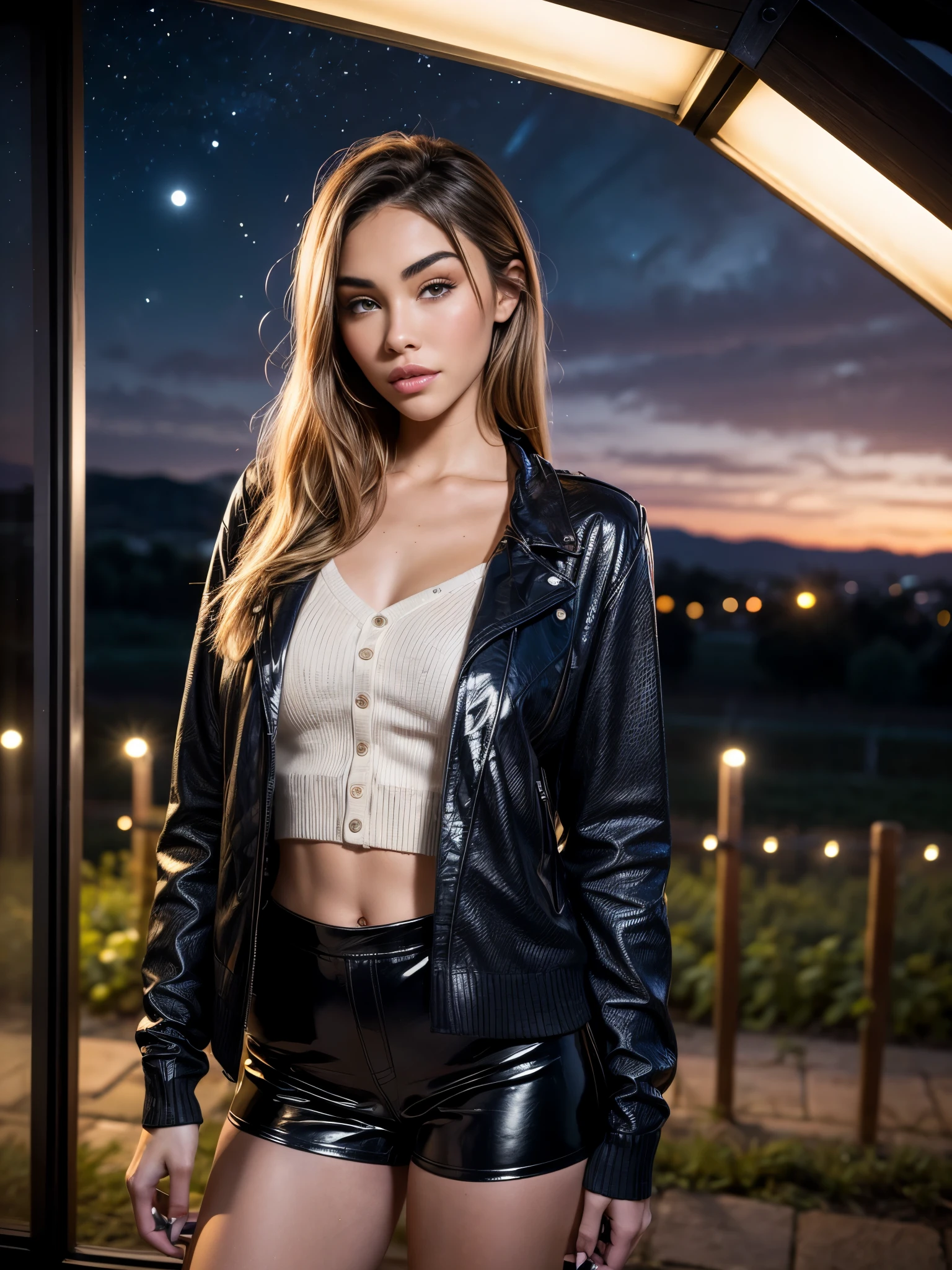 a gorgeous woman (Madison Beer), wavy hair in the wind. she's a men magazine model, She has a subtle smile and flirts with the camera, (she wears leather shirt), (with a wool cardigan and pvc hotpants:1.2),background landscape of French vineyard and French summer villa, (night, clear starry sky:1.2),