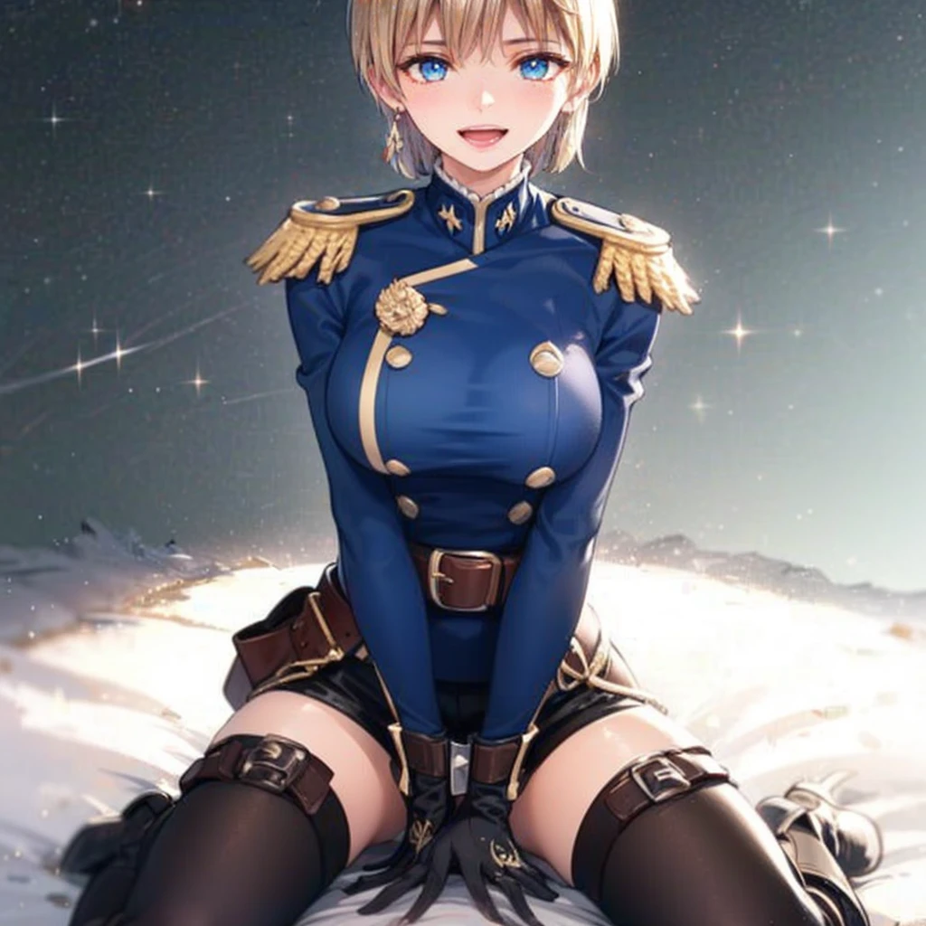 ,white background,tenkaizumo, tenka izumo, short hair, blue eyes, blonde hair, smile, 
BREAK ,straddling, pov, open mouth smile
BREAK thighhighs, gloves, jewelry, earrings, boots, shorts, belt, uniform, military, military uniform, thigh boots, epaulettes,
BREAK outdoors, space, starry sky, star \(sky\), moon,
BREAK looking at viewer, 
BREAK (masterpiece:1.2), best quality, high resolution, unity 8k wallpaper, (illustration:0.8), (beautiful detailed eyes:1.6), extremely detailed face, perfect lighting, extremely detailed CG, (perfect hands, perfect anatomy),