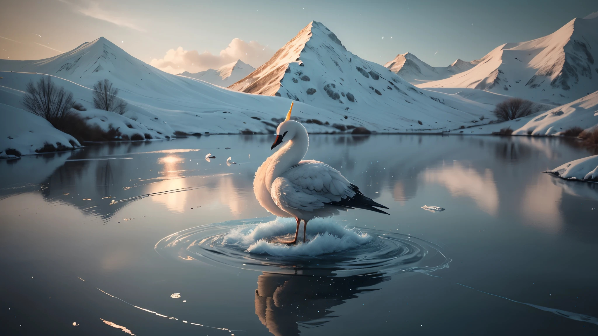 A diamond swan in an icy lake with a glowing light trailing behind it, in the style of rendered in Cinema4D, festive atmosphere, realistic animal portraits, textural richness, nature-inspired installations, light black and diamond