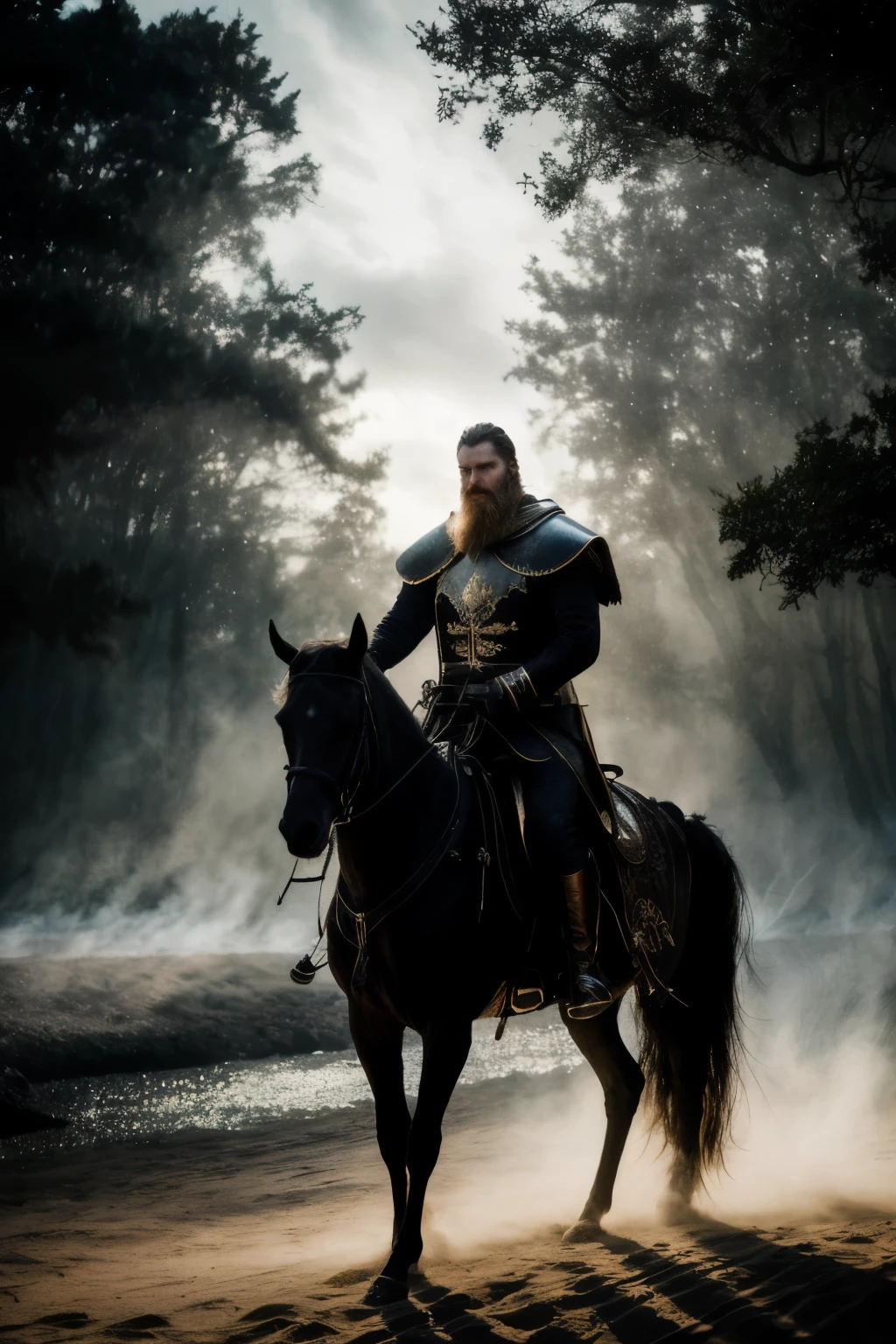 Man's decapitated head, held firmly in the right hand of a bearded figure, riding a majestic steed. The night was dark, enveloping the scene with an ominous presence. Nearby, a large fire of burning firewood blazed, casting long shadows on the white sand that lay by the river bank. The figure's torso was hidden from sight, leaving only the head and shoulders visible in the photo-realistic depiction. The ghostly specter of a mythical creature hovered nearby, its eyes glowing with an otherworldly light. The overall atmosphere was haunting, with the tension of the rider's focused eyes only adding to the sense of fear and intr