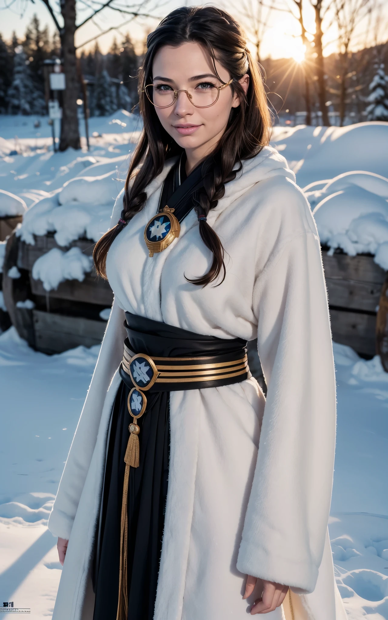 Young ainu woman with the face of (Gal Gadot:Evangeline Lilly), (looking at viewer, light smile, ), brown hair, brown eyes, long hair, hair_flying, Fluttering hair, flying_hair, ((Transparent glasses, glasses, glasses_on_nose)), ((traditional ainu clothes)), sexy, charming, stunning, enhance, delicate, (pale skin, real_skin), sunlight, Winter, snow, Hokkaido, outdoor, best quality, high quality, highres, 8k, photo realistic.