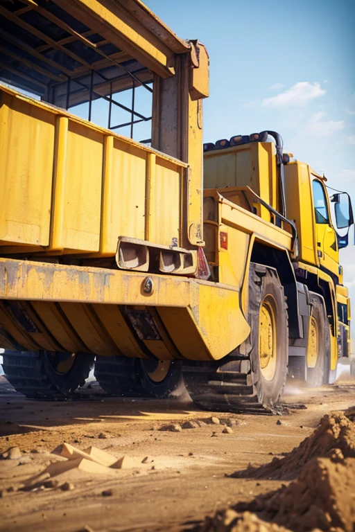 (A close-up of a large yellow dump truck on a white background) ,(mine业),(heavy machinery),(3D model),(Large construction machinery),(4K,8k),(photo rendering),(Ultra high detail),(Huge engine),(3d asset),(digital rendering),(truck),(dusty),(mine)