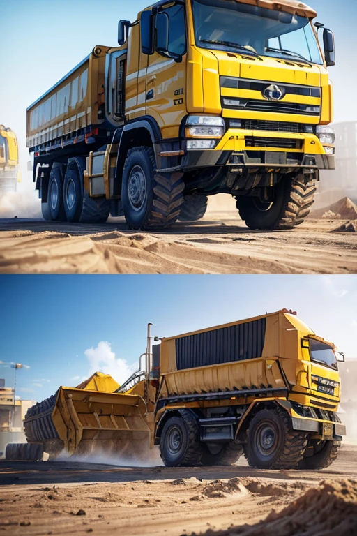 (A close-up of a large yellow dump truck on a white background) ,(mine业),(heavy machinery),(3D model),(Large construction machinery),(4K,8k),(photo rendering),(Ultra high detail),(Huge engine),(3d asset),(digital rendering),(truck),(dusty),(mine)