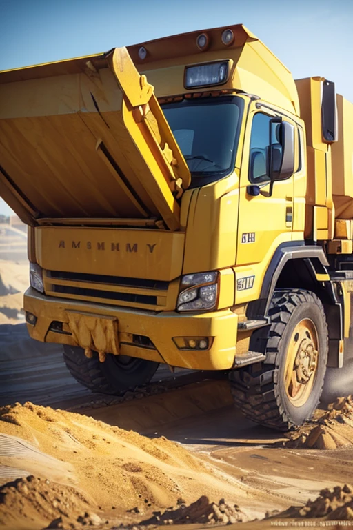 (a close-up of a large yellow dump truck on a white background),(mining),(heavy machinery),(3D model),(large construction machinery),(4K,8K),(photo-realistic),(ultra-detailed),(massive engine),(3D asset),(digital rendering),(truck),(dusty),(mine)