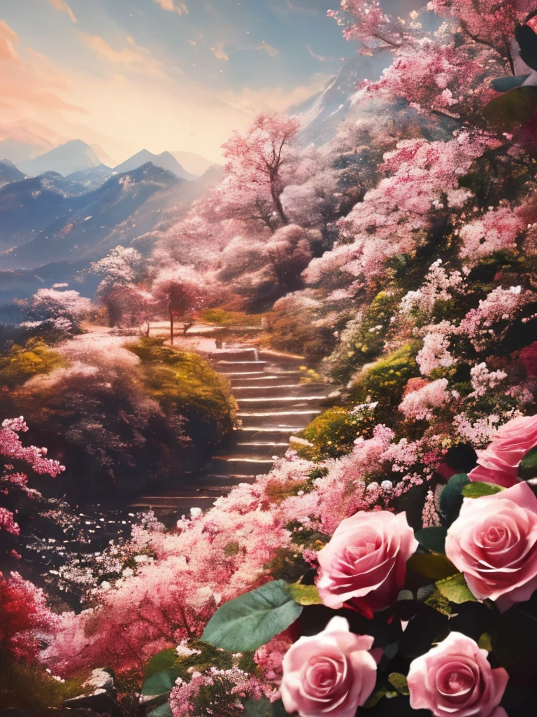 There are many pink roses growing on the mountainside, Beautiful art ultra hd 4k, 4k highly detailed digital art, beautiful numbers艺术work, beautiful iphone wallpapers, 8k high quality detailed art, 4k detailed digital art, beautiful numbers, 8K Stunning Artwork, beautiful numbers艺术, very beautiful numbers艺术, background artwork, beautiful aesthetic