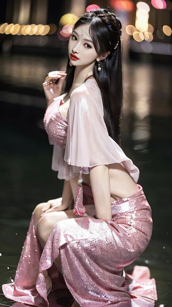 22 year old fashion model (cleavage closeup),perfect eyes, perfect iris, perfect lips, perfect teeth, perfect skin, with white skin, soft headlights, hdr, movie girl, long black hair, wearing a pink dress, evening day, deep in the night, The background is a river, Lotus shaped lights float on the water, 4K Ultra HD, ultra high resolution, (Photorealistic: 1.4), Best quality, Masterpiece, Ultra Dilution,(NSFW:1.1),(Full Body:1.5),(cute face:1.3),(huge breasts:1.3),(high-heels:1.3),(big hips1.3),(medium thighs:1.3),(breasts slightly exposed:1.3),(cleavage of the breast:1.3),(lipgloss:1.3),(Playful eyes:1.3),(Scarlet lips:1.3),(Fine skin texture:1.3),(Precise and perfect human anatomy:1.3),(Exquisite and perfect facial features:1.3), (Long eyelashes:1.3),(Scarlet lips:1.3),(The lips are shiny and textured:1.3),(Fine skin texture:1.3),(Beautiful detailed eyes:1.3),(Natural Color Lip:1.3),(look straight into the camera:1.3),(long earrings:1.4),(long earrings:1.4),(very long earrings:1.4),