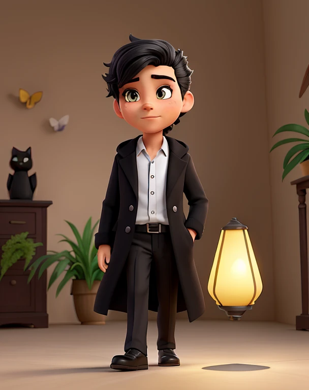 Human with feline features wearing an elegant black coat, walks down a dark street full of large, old lamps,(Personagem forte) ,(Rosto muito expressivo),(obra de arte), (melhor qualidade), (ultra detalhado),(illustration), (1 homem), Modelo de moda, olhando para o espectador, (entrevista), (fundo detalhado),lindos olhos detalhados, rosto delicado e lindo, flutuando,(high saturated),(salpicos coloridos),bolha colorida,(brilhando), foco no rosto, flores flutuantes, pelos flutuantes, (brilhando), better lighting, melhor sombra, 1Evil only