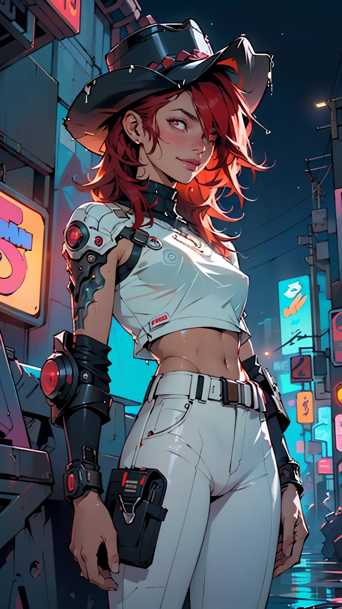 (man:1.5),1 man,cyberpunk gunslinger,(((1man))),((man with messy red hair)),

(((1male,man:1.5,handsome man,male,male gender:1.5,male focus))),macho man,((messy red hair,detailed hair,highly detailed hair,red hair,hair over one eye:1.2,colored inner hair)),(((dark_red_eyes:1.2))),intricate eyes,beautiful detailed eyes,symmetrical eyes,(((lustrous skin:1.5,tanned skin,bright skin: 1.5,skin tanned,shiny skin,very shiny skin,shiny body,illuminated skin))),((man )),handsome face,((muscular)),(detailed face),

,

((( ))),dark pants,((bulge in pants)),((gunfighter outfit, (cyberpunk cowboy_hat:1.2))),(wearing a gunfighter outfit:1.3,gunslinger clothes),(cyberpunk gun holster,belt),((wet clothes,intricate outfit,intricate clothes)),

(dynamic pose:1.0),solo focus,((evil smile,evil look)),(centered,scale to fit dimensions,Rule of thirds),

cyberpunk city by the ocean at night, with bright neon signs and dark stormy clouds and puddles, scenery:1.25,nighttime, starry night, cosmos,Very dark night that makes the neon lights stand out, very bright neon lights,nighttime, starry night, cosmos,

artistic photography,(photography taken by sldr),highres, sharp focus,(ultra detailed, extremely detailed), (photorealistic artwork:1.37),(extremely detailed CG unity 8k wallpaper),((synthwave background theme)),(((vibrant colors))),intricate,(intricate background),(masterpiece),(best quality),photo realistic,analog style,((intricate detail)),(((realism))),
