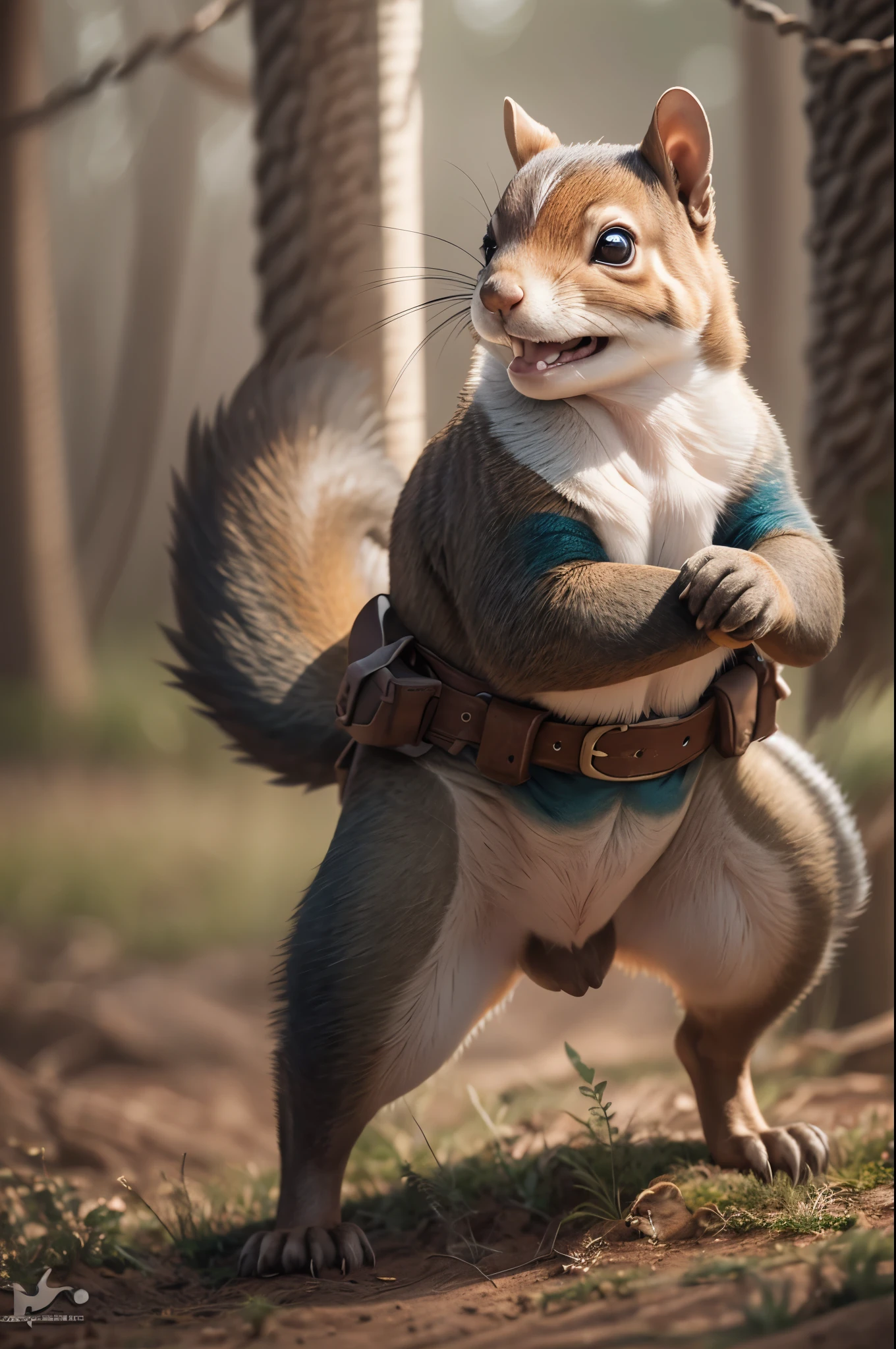 A photo of a fabulous animal Squirrel as dressed in Ninja Turtle, human stance, smiling, fitting Background, full body Photo, cinematic, full shot 