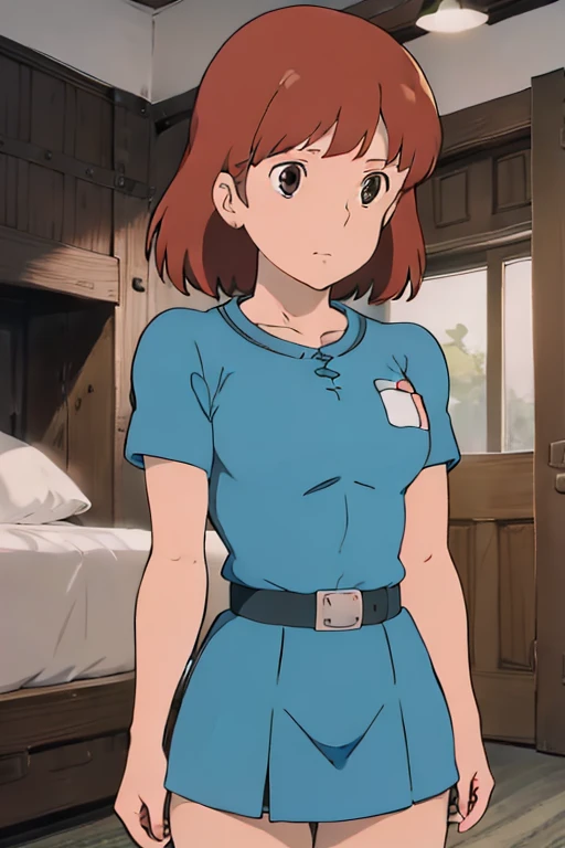 (masterpiece, best quality, high resolution, anime screencap, anime colored, 8k, photorealistic), Nausicaa, 1girl, solo, brown hair, (looking at away), large breasts, cleavage, (white tanktop), upper body, arms behind back, bed, (perfect detailed anatomy, beautiful face&eyes, shiny skin, perfect body)