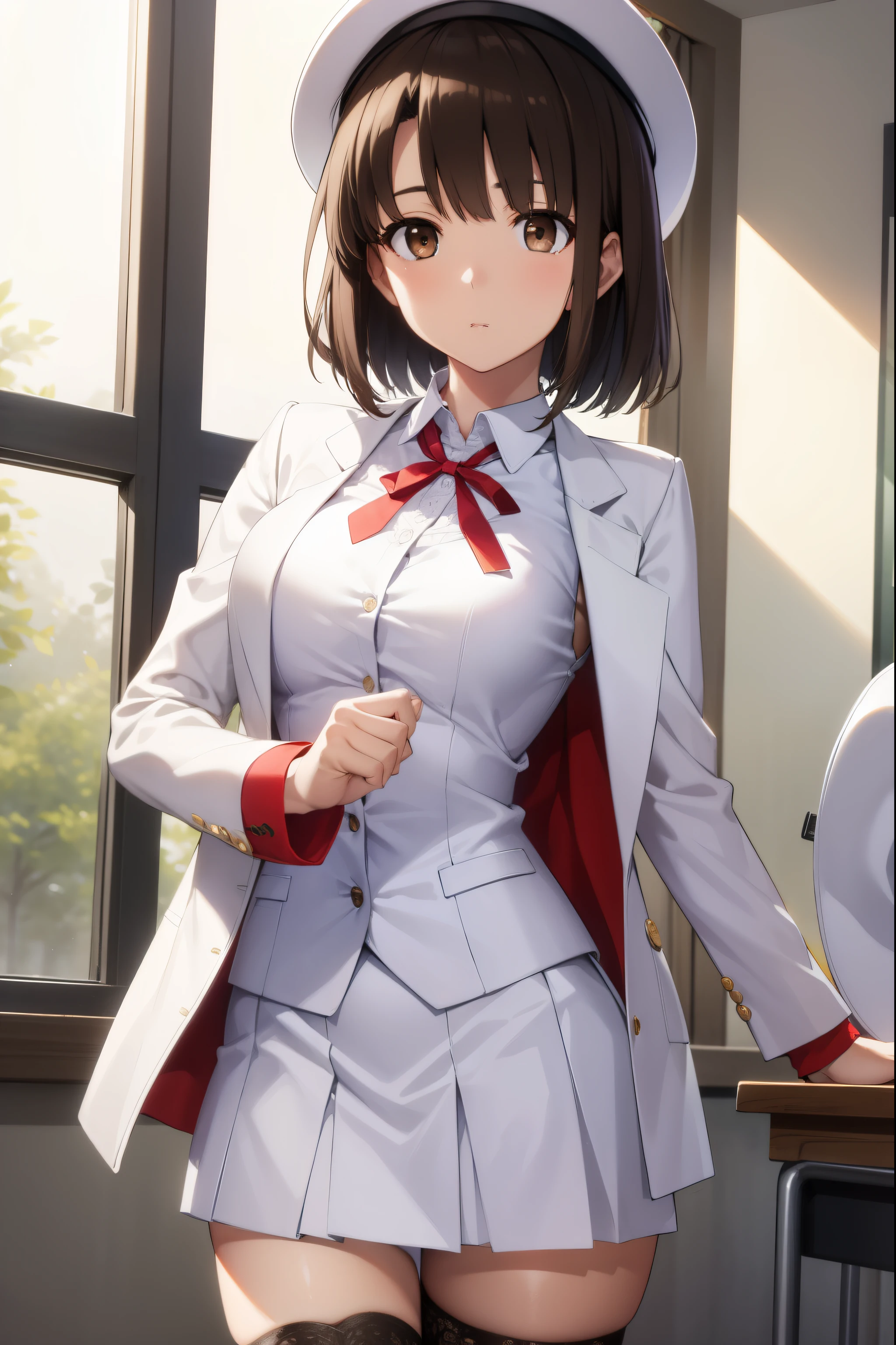 katoumegumi, megumi katou, brown hair, short hair, (brown eyes:1.7), 
BREAK hat, jacket, long sleeves, thighhighs, white headwear, white thighhighs, dress, white dress, (red jacket:1.5), (white hat:1.5), open cardigan, open clothes,
BREAK looking at viewer,
BREAK indoors, classroom,
BREAK (masterpiece:1.2), best quality, high resolution, unity 8k wallpaper, (illustration:0.8), (beautiful detailed eyes:1.6), extremely detailed face, perfect lighting, extremely detailed CG, (perfect hands, perfect anatomy),