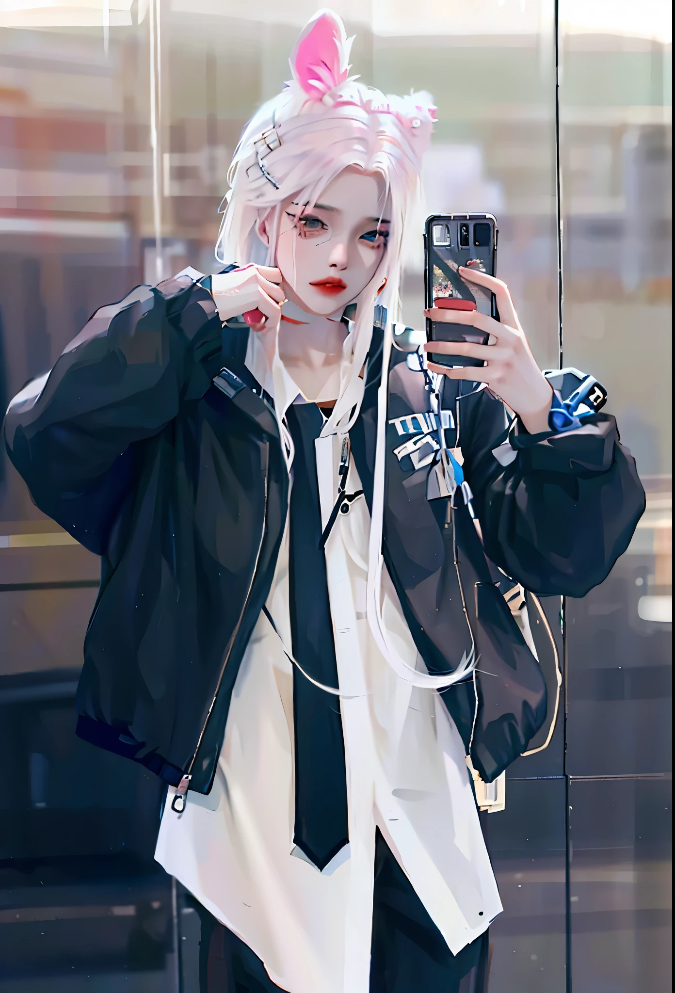 woman with white hair and black jacket takes a selfie, She wears street clothes, with white long hair, cruel korean goth girl, Oljan, wear Japanese technical clothes, e - girl, e-girl, wear cyberpunk street clothes, 1 7  anime goth girl, work in Guweiz style, with long white hair