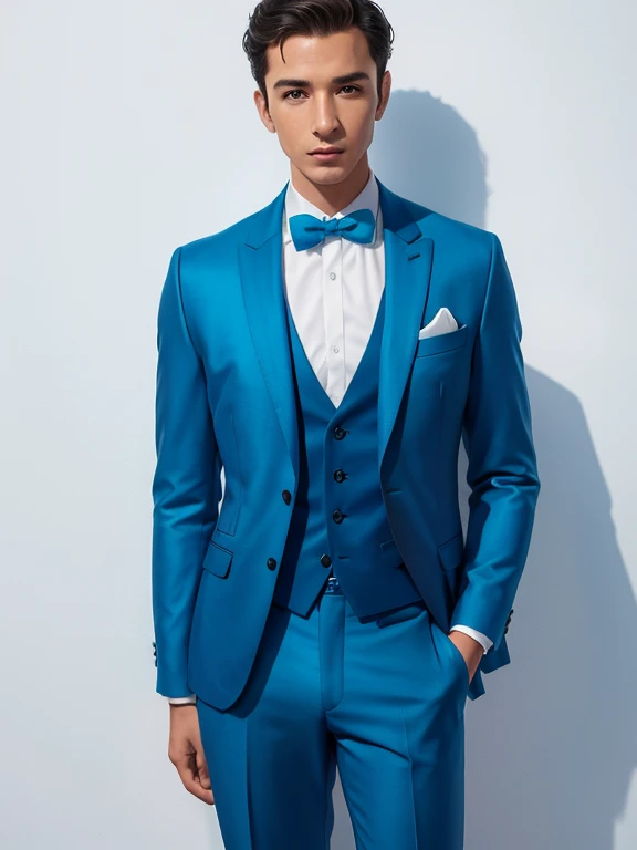 arafed man in a blue suit and bow tie standing in front of a white wall, blue suit, teal suit, blue gold suit, three piece suit, dressed in blue, blue jacket, green suit and bowtie, wearing blue jacket, groom, handsome and elegant, wearing dark blue suit, wearing tuxedo, in his suit, blue tie, wearing a tuxedo