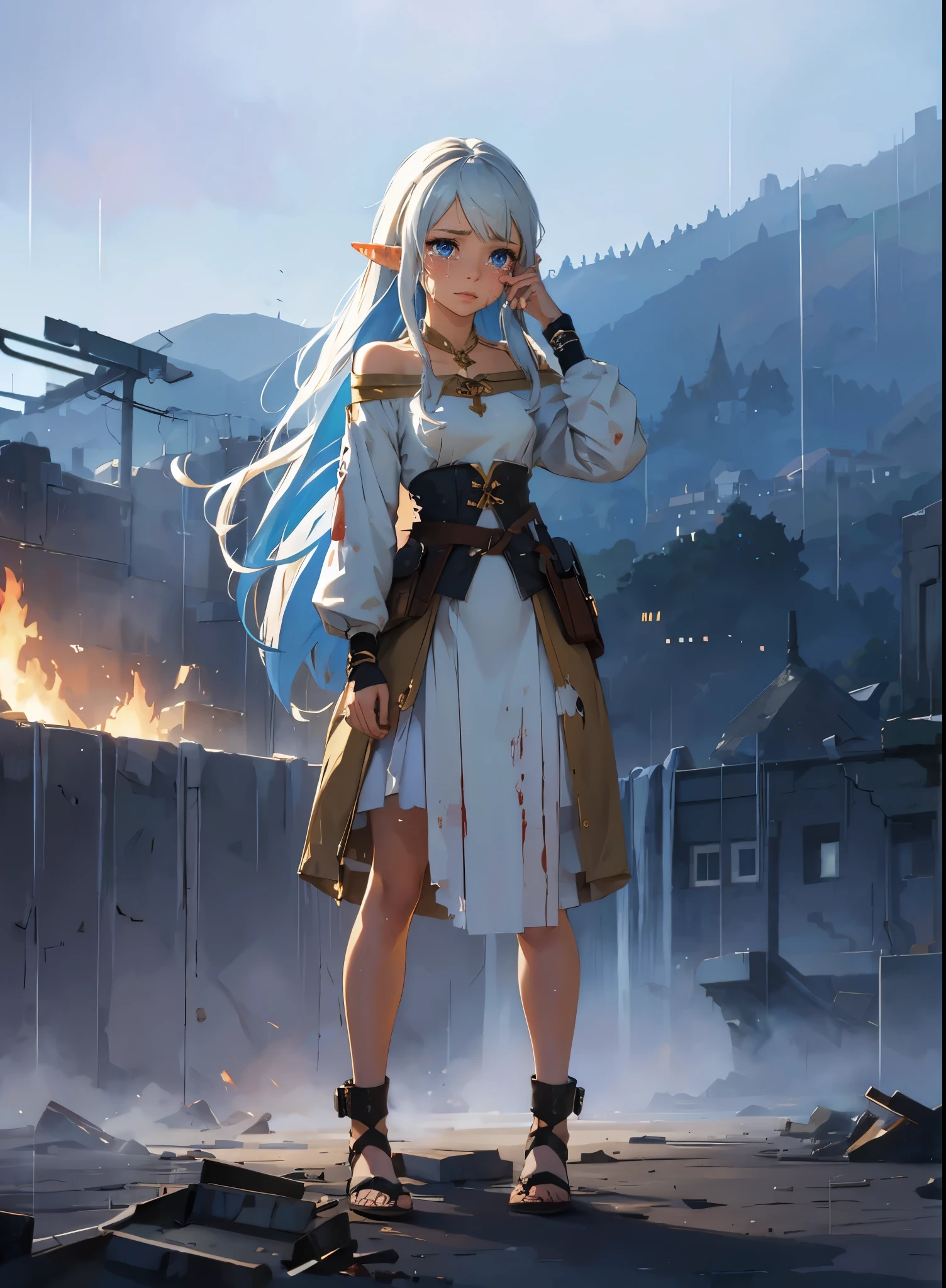 masterpiece, high quality, 1_girl very young female, ((full body)), with long elf ears, small frame, alone, (((hands on face))), (((crying))), short white hair, blue eyes, flat chested, ((nude)), ((standing empty battlefield)), destroyed homes, rumble, debris, destruction, ((medieval town)), mountains in the background, fog, rain, ripped clothing, torn clothing, dirty clothes, dirt, mud, blood,