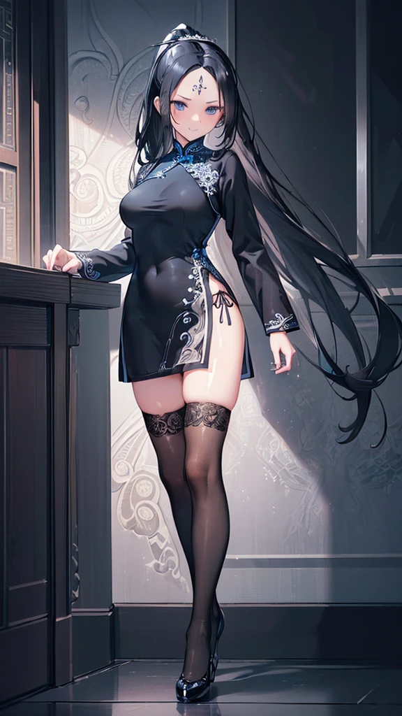 (((((extremely detailed CG unity 8k wallpaper)))), (((ultra-detailed))), (((extremely detailed))), (((best illustration))), best illumination, ((extremely delicate and beautiful)), ((an extremely delicate and beautiful girl)), colourful, modern, (tokyo (city)), ((girl (solo))), ((finely detailed beautiful eyes and detailed face)), (((black hair))), (Dark hair), ((really long hair)), (((long ponytail))), (parted bangs, forehead:1.7), shiny hair, ((blue eyes(glowing))), beautiful detailed eyes, mature female, delinquent girl, slender, medium breast, (((intricate details))), (black and white Cheongsam Dress), (lace panties), black tights, bishoujo, smile, smug, cold stare, cool, ((full-body shot))