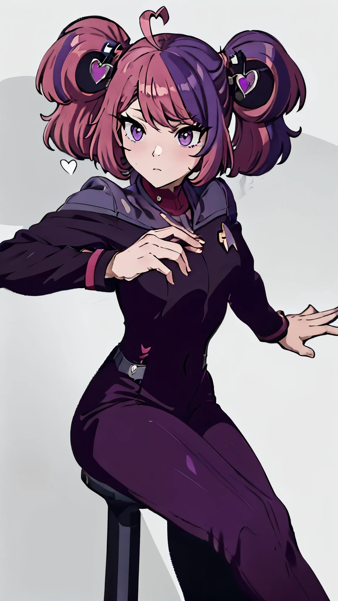 ironmouse, ahoge, medium hair, multicolored hair, pink hair, (purple eyes:1.1), purple hair, sidelocks, streaked hair, swept bangs, two side up, two-tone hair, hair ornament, heart, heart ahoge, heart hair ornament, ds9st red and black uniform
