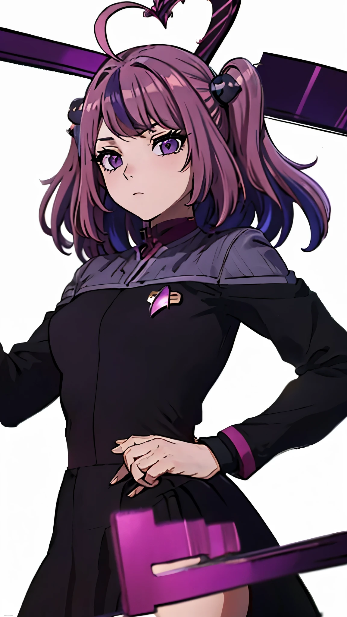 ironmouse, ahoge, medium hair, multicolored hair, pink hair, (purple eyes:1.1), purple hair, sidelocks, streaked hair, swept bangs, two side up, two-tone hair, hair ornament, heart, heart ahoge, heart hair ornament, ds9st red and black uniform
