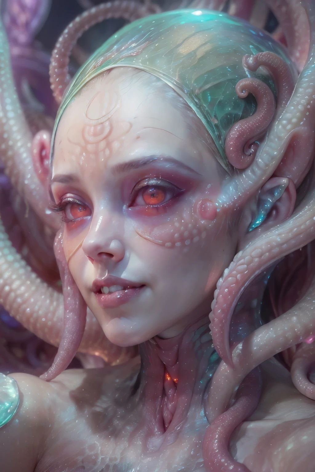 (A portrait of one beautiful and obscene female alien who is a young teenager:1.4), ((There is a female genital-like organ in the middle of her forehead:1.8)), (realistic face:1.2), (Numerous award-winning masterpieces, with incredible detail, textures and maximum detail), artistic photography, midnight aura, unreal engine 5, Ultra Sharp Focus, art by Amano Yoshitaka, ArtGerm, Roisch, intricate artwork, ultra realistic realism, high resolution, High freshness, drawing faithfully, official art, Unity 8K Wall paper, ultra detailed artistic photography, dream-like, Creation of fantasy, dream Snail, (biopunk nautilus:1.3),Thrilling color schemes, seductively smiling, Amazing mutation, well-proportioned body, goddess of the deep sea, fractal, Geometric pattern, impossible figures, (translucent white tentacles with luminescent organs:1.4), subtle emerald green accents, (smiling seductively:1.3),(She has the most beautiful face in the history of the universe:1.5), Penelope Cruz, (she is looking down at viewers with glowing red eyes with no pupils:1.3), an evil gaze that seduces, cinematic lighting, (Vampire-like long canine teeth can be glimpsed through the gap between the lips:1.3), in the hall of the palace, (sexy and sensual model posing:1.5)