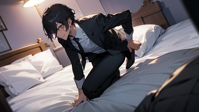 working adults.,male people,a handsome,Cool atmosphere,Soio,A dark-haired,Mash,Depressive Atmosphere(masuter piece,Viewer's Perspective,Full body,close up of face,ムラムラ,evil smile,Yandere atmosphere,,atmosphere of night,White shirt and black pants,please wear a tie,),Hotel room bed.