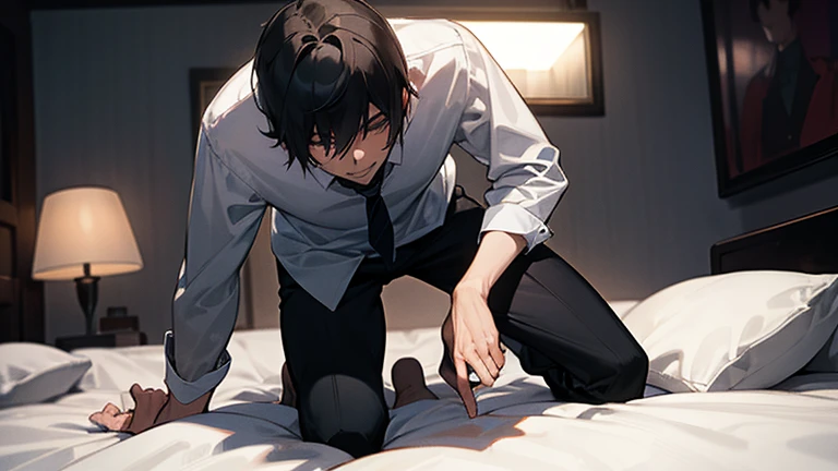  1 boy, lying in bed, black hair, red eyes, black t-shirt, gray shorts,