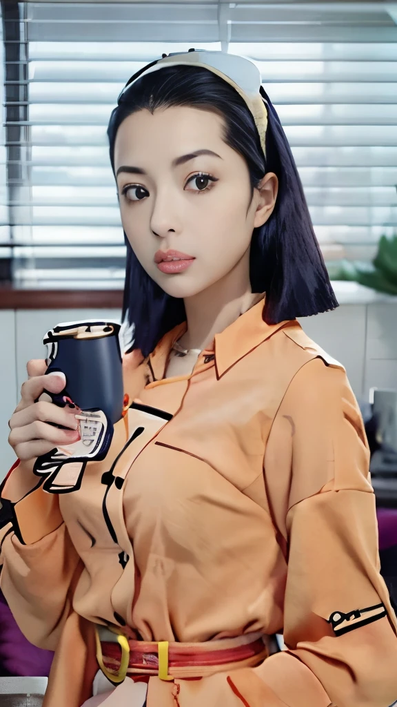 a woman holding a cup and a cell phone in her hand, maya fey from ace attorney, yayoi kasuma, as an anime character, still from tv anime, misato katsuragi, hironaka, tsubasa nakai's style, anya from spy x family, faye valentine from cowboy bebop, nico robin, itsuko azuma