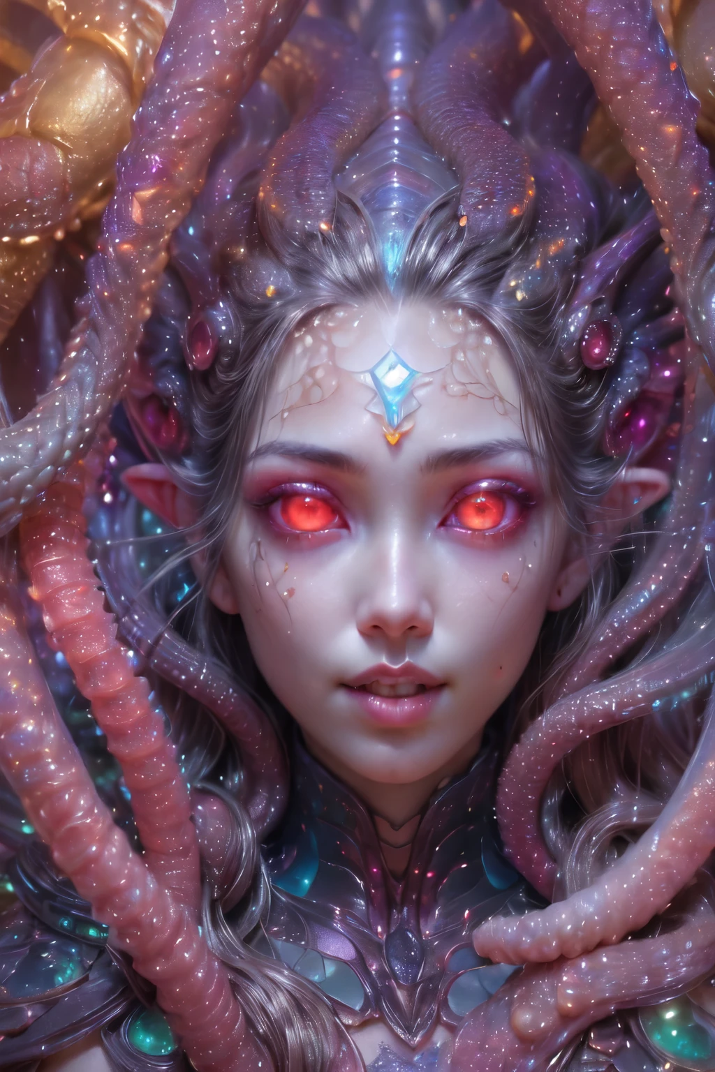 (1 beautiful and obscene female alien:1.4), (There is a female genital-like organ in the middle of her forehead:1.95), She has medusa-like hair, (there are lots of translucent tentacles from her head like her hair:1.5), (vulgarity1.7), (she is looking at viewers with glowing red eyes with no pupils:1.6), (She has translucent pale skin:1.4),(She has the most beautiful face in the history of the universe:1.2), (She has multiple bioluminescent organs on the side of her tentacles:1.4), (Her body is covered with an iridescent exoskeleton:1.4), (She is showing her arm pits:1.6), an evil gaze that seduces, (looking down at viewers:1.4),(Vampire-like long canine teeth can be glimpsed through the gap between the cute lips:1.4) (bio luminescent:1.4), (Smile wickedly:1.3), (sexypose:1.4), alien, No humans, cells are fused, extraterrestrial, cell, bio image, ultra high resolution, (photos realistic:1.7), (Numerous award-winning masterpieces, with incredible detail, textures and maximum detail), Dramatic Lighting, cinematic quality, (exquisite details:1.2), High freshness, drawing faithfully, (Thick eyebrows:1.2), Beautiful eyes with fine symmetry,(Highly detailed face and eyes:1.2),(Super detailed skin quality feeling:1.4), perfect anatomy, (Beautiful toned body:1.5), (Moist skin:1.2), not wearing makeup, (dark circles:1.1), long canines, cinematic drawing of characters, cinematic quality, (exquisite details:1.2), high resolution, High freshness, drawing faithfully, official art, Unity 8K Wall paper, ultra detailed artistic photography, midnight aura, unreal engine 5, Ultra Sharp Focus, art by Amano Yoshitaka, ArtGerm, ultra realistic realism, dream-like, Creation of fantasy, dream Snail, (biopunk nautilus:1.3),Thrilling color schemes, seductively smiling, Amazing mutation, well-proportioned body, goddess of the deep sea, fractal, Geometric pattern, impossible figures, subtle emerald green accents, (expression of ecstasy:1.4)