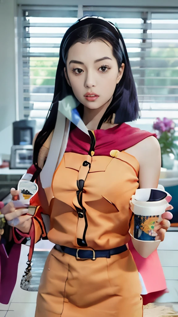 a woman holding a cup and a cell phone in her hand, maya fey from ace attorney, yayoi kasuma, as an anime character, still from tv anime, misato katsuragi, hironaka, tsubasa nakai's style, anya from spy x family, faye valentine from cowboy bebop, nico robin, itsuko azuma