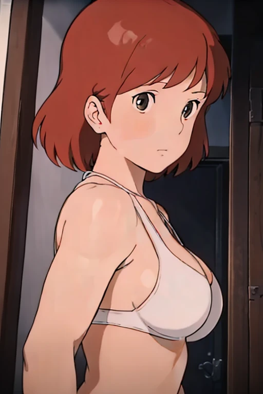 (masterpiece, best quality, high resolution, anime screencap, anime colored, 8k, photorealistic), Nausicaa, 1girl, solo, brown hair, (looking at viewer, from side), huge breasts, cleavage, (white bikini), upper body, forest, (perfect detailed anatomy, beautiful face&eyes, shiny skin, perfect body)