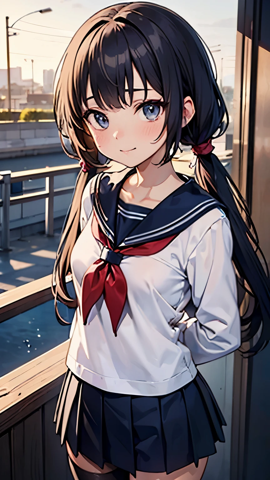 (masterpiece: 1.3), (highest quality:1.4), ultra high resolution, (fine eyes), (detailed facial features), (Detailed features of clothing), HDR, 8K resolution, High school girl in sailor suit, Anime 2D rendering, White headband, smile, black hair, navy blue sailor uniform, black stockings, school scenery, small face, trot, pigtails, 